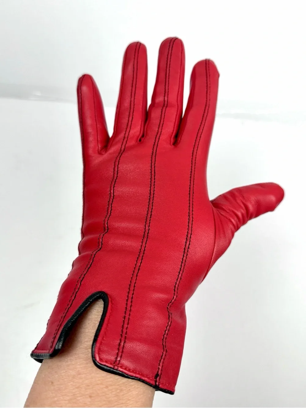 CAROLE LITTLE Red Leather Gloves Cashmere Lining Women's size 8